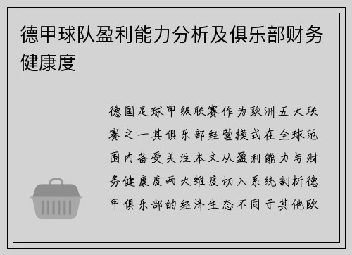 德甲球队盈利能力分析及俱乐部财务健康度